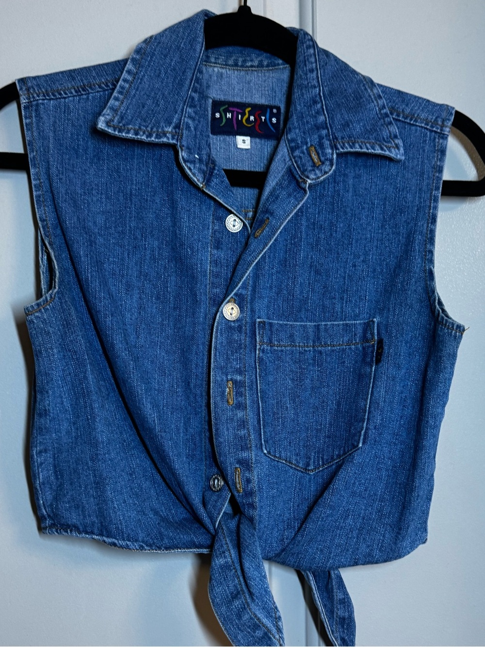 Denim Tie-Front Button Up Top in Blue Denim